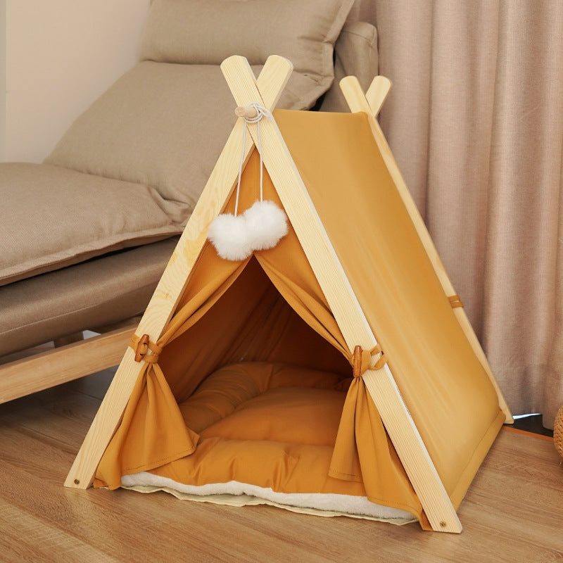 Four Seasons Pet Nest Removable and Washable Beige Stripe Canvas Solid Wood Tent Cat Nest Dog Bed