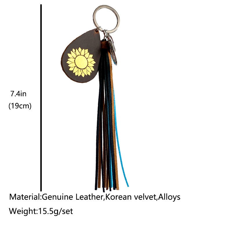 Crazy Horse Skin Keychain Texture Hot Gold Sunflower Cross Droplet Shape Keyring Leather Tassel Pendant