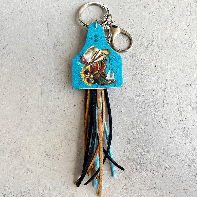 Western Style Leather Keychain Sun Flower Leopard Pattern Cow Brand Leather Tassel Handmade Popular Jewelry