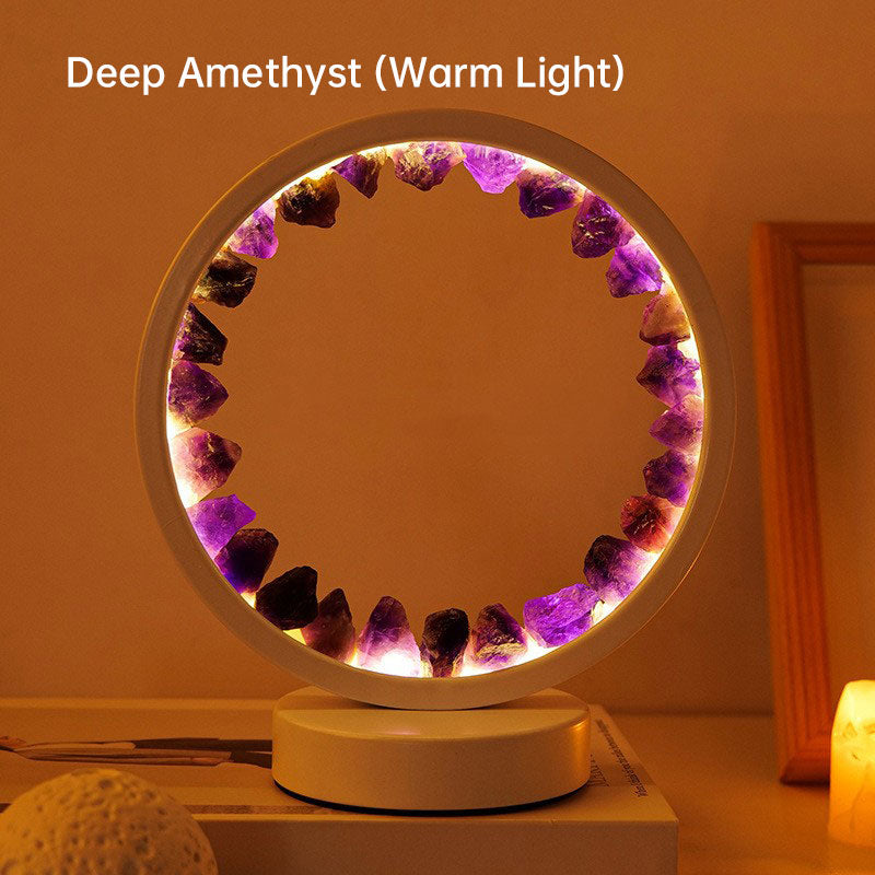 Lámpara de noche redonda con forma de racimo de flores de amatista natural, luz de noche con USB para dormitorio, luz de ambiente para protección de los ojos