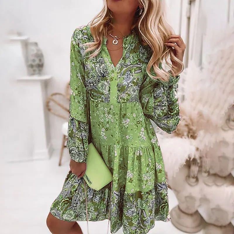 New Women's Print Stitched Skirt Layered Mini Dress New Long Sleeve Women's V-Neck Temperament Large Dress