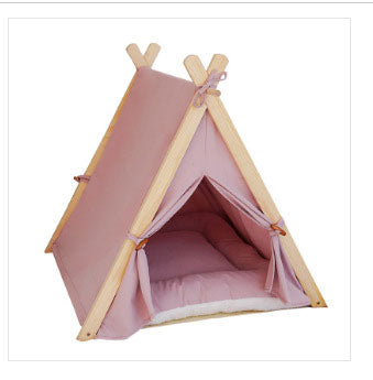 Four Seasons Pet Nest Removable and Washable Beige Stripe Canvas Solid Wood Tent Cat Nest Dog Bed