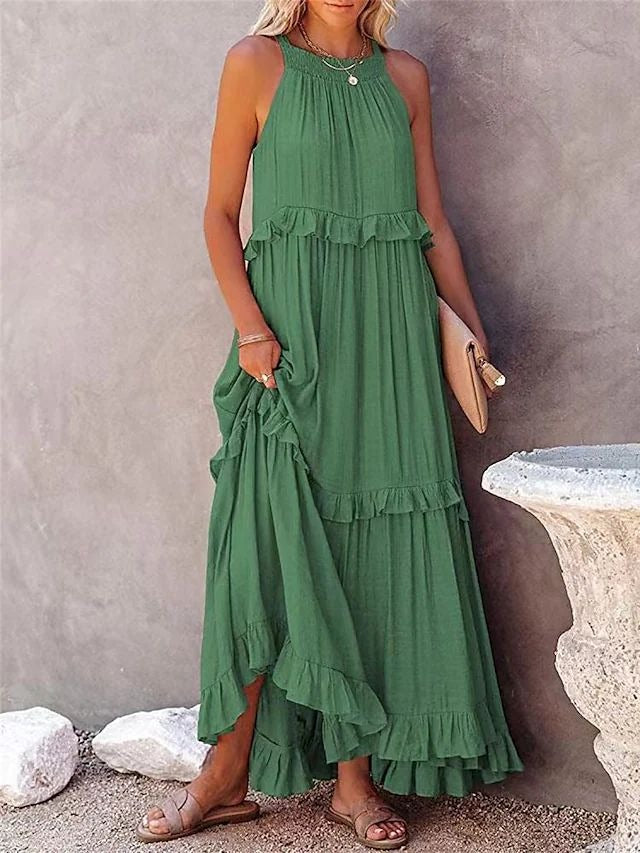 Vestido largo con borde de hoja de loto estilo vacaciones de verano europeo y americano con gran vuelo y elegante falda de playa para mujer