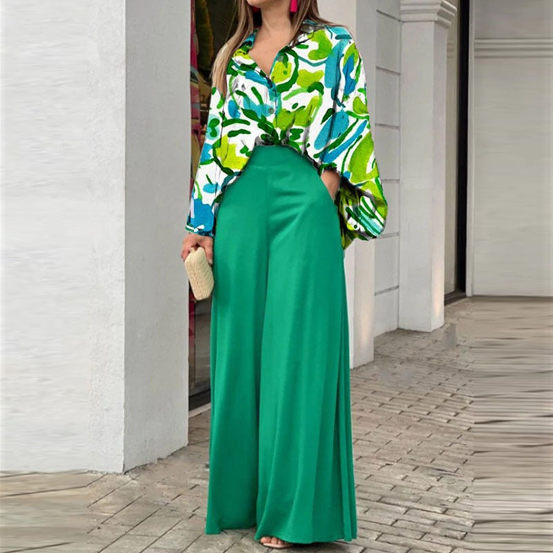 European and American womens printed shirt, elegant and wide leg pants, fashionable and casual set