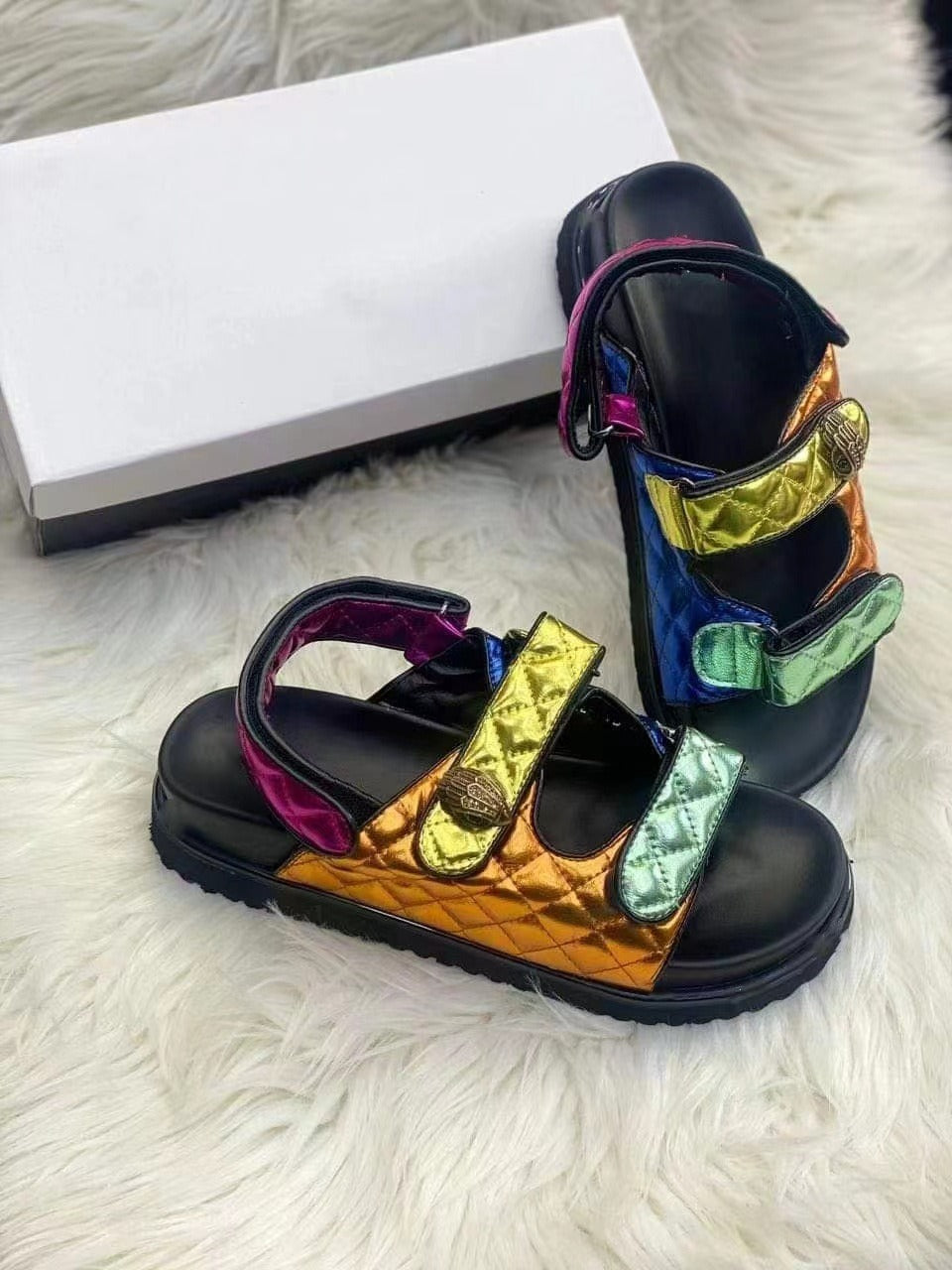 European and American Style New Round Head Small Fragrant Wind Velcro Sandals Womens Large Colorful Thick Sole Beach Sandals