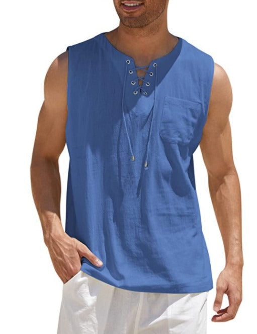 New Mens Tank Top Shirt Lace Up Fashion Solid Cotton Hemp Short Sleeve T shirt