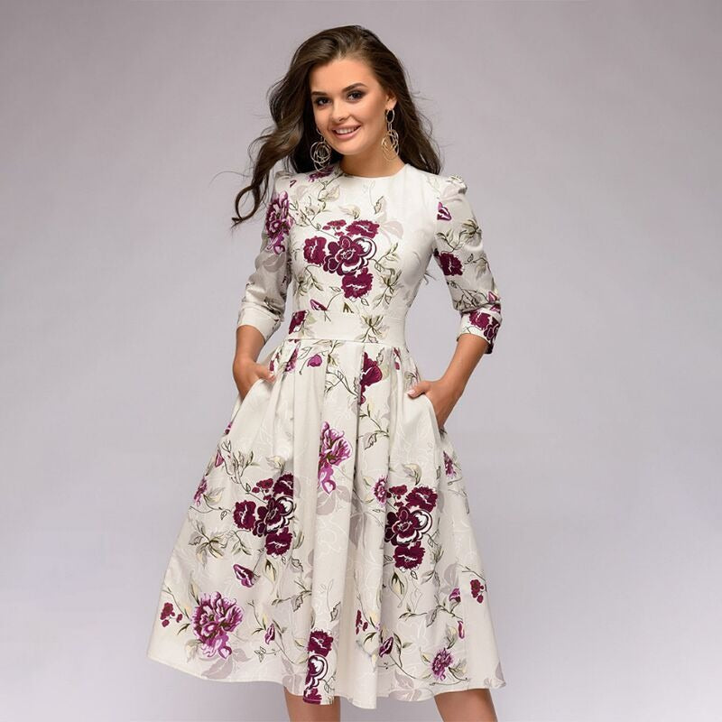 Vestido de fiesta de estilo retro con pequeñas flores fragmentadas y mangas 7/4 con cuello redondo para mujer de estilo occidental para otoño e invierno