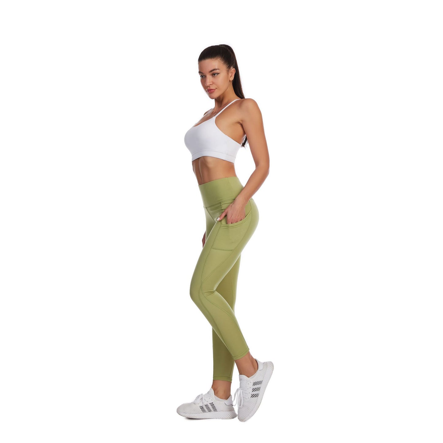 Pantalones de yoga para mujer, de cintura alta, estilo europeo y americano, que levantan la cadera, adelgazan, fitness, bolsillos laterales, parte inferior deportiva