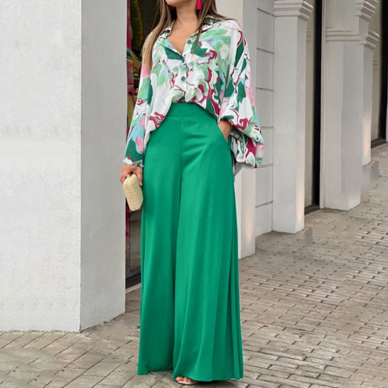 European and American womens printed shirt, elegant and wide leg pants, fashionable and casual set