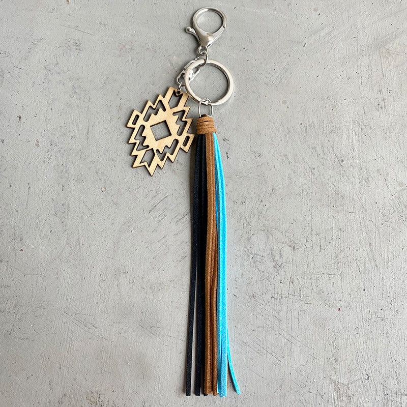 European And American Pendants Aztec Horseshoe Denim Wood Keychain Retro Made Old Leather Tassel Pendants