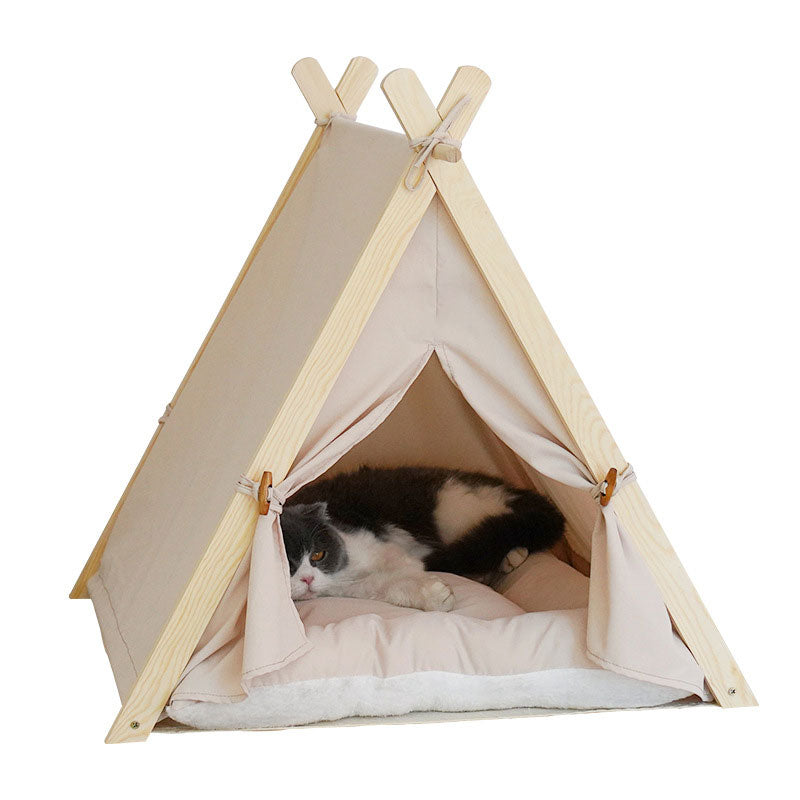 Four Seasons Pet Nest Removable and Washable Beige Stripe Canvas Solid Wood Tent Cat Nest Dog Bed