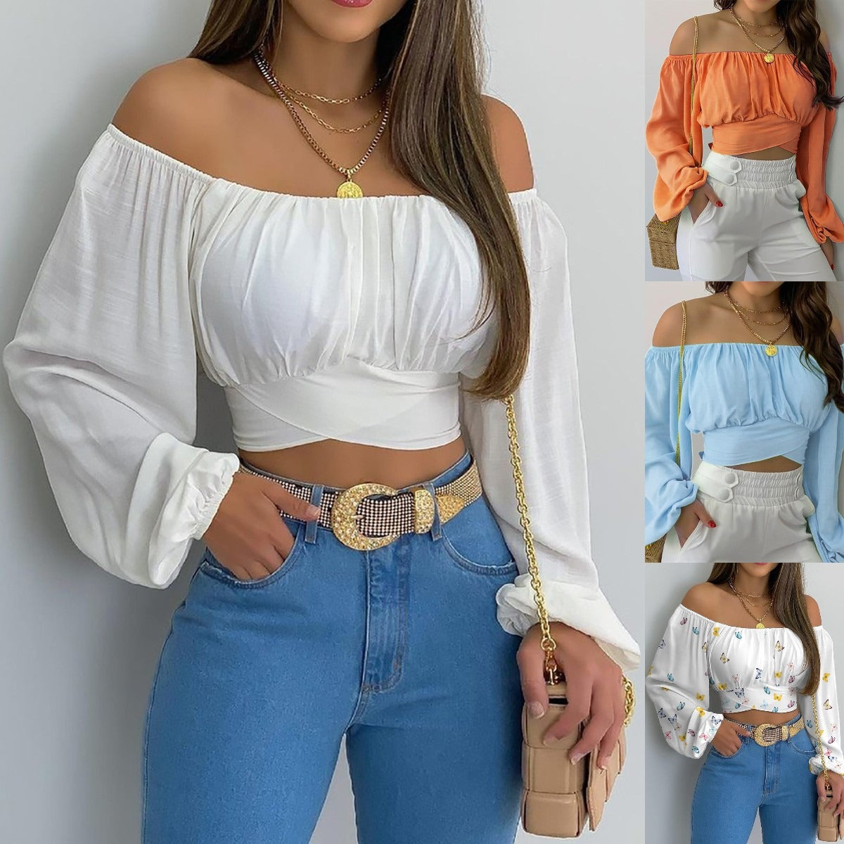 Blusa de manga larga con lazo cruzado y hombros descubiertos para mujer, ropa de mujer europea y americana para primavera/verano