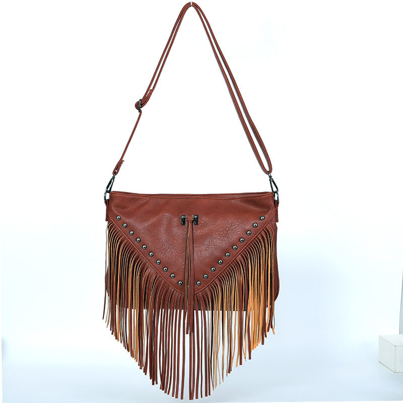 Bolso de cuero suave con remaches estilo europeo y americano, estilo casual, con borlas y remaches, bolso cruzado en diagonal de un solo hombro, bolso grande para mujer