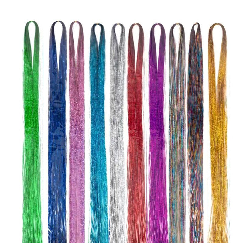 Extensión de cabello de seda de rayas de colores dorados de 100 cm Peluca de seda láser para fiesta 