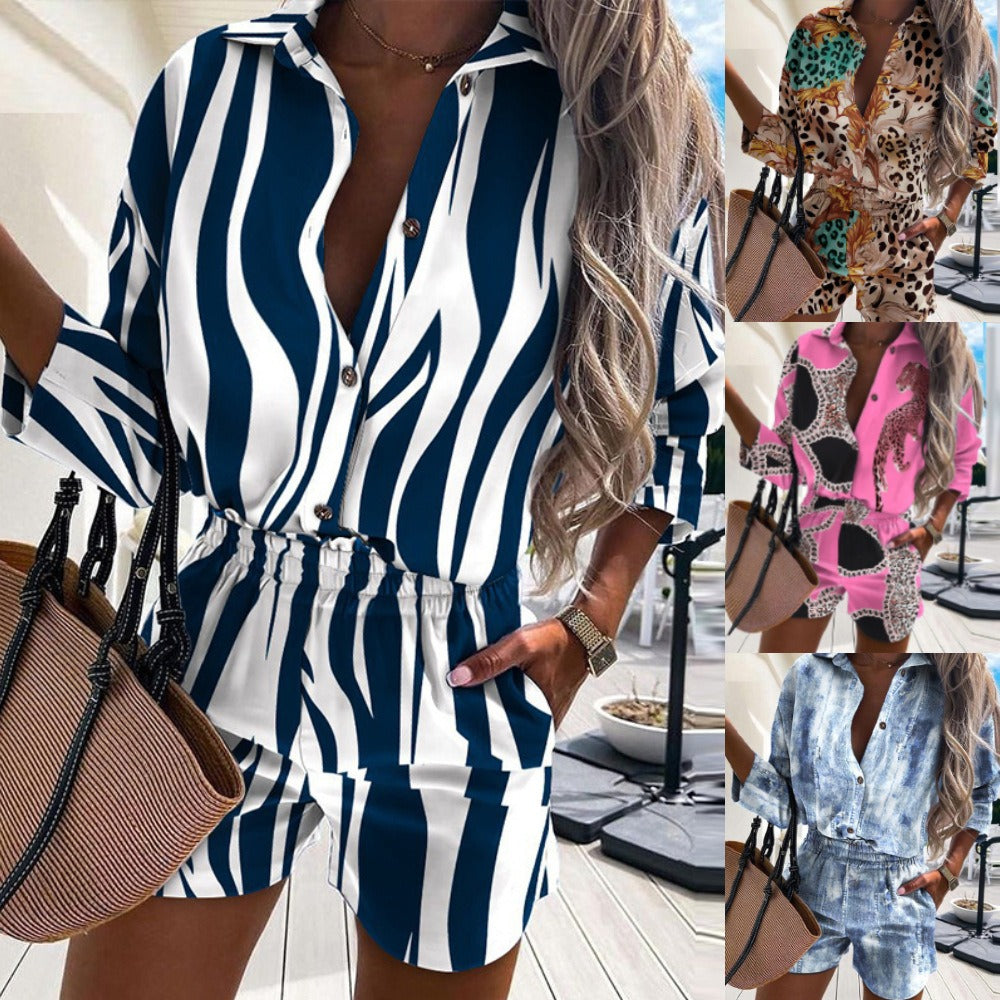 New Fashion Digital Printing Button Design Shirt Shorts Set for Women