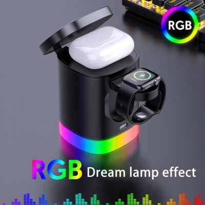 Cargador inalámbrico rápido magnético 3 en 1 para teléfono inteligente, estación de carga con luz ambiental RGB para Airpods y iWatch 