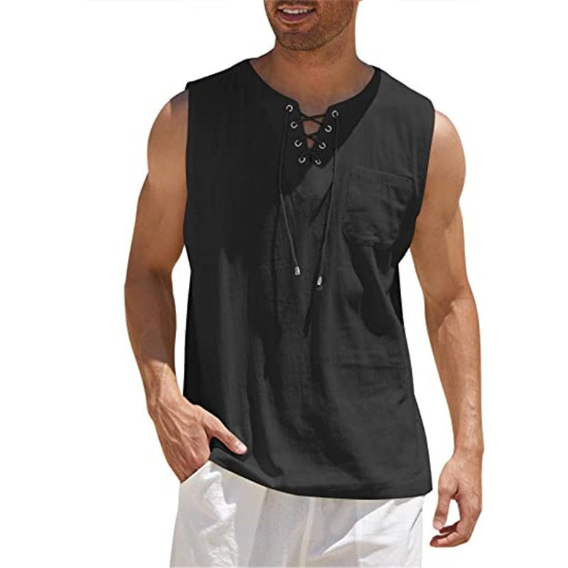 New Mens Tank Top Shirt Lace Up Fashion Solid Cotton Hemp Short Sleeve T shirt