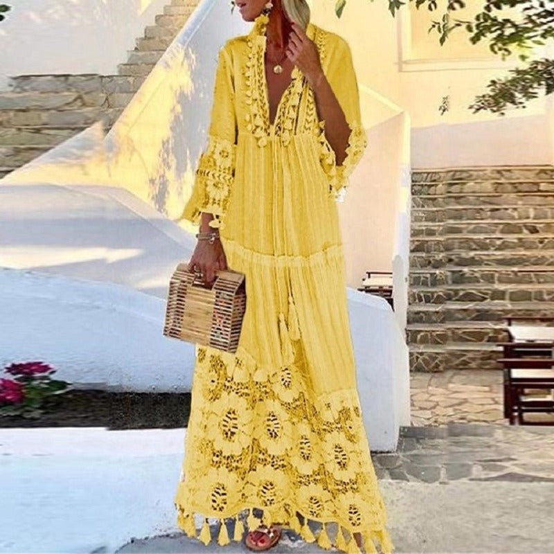 Vestido estilo playa de vacaciones con falda larga estilo bohemio, escote en V, encaje, borlas y retazos, estilo europeo y americano