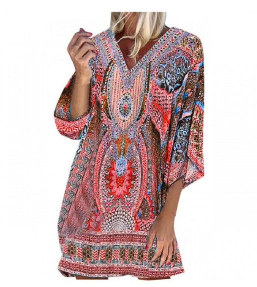 Summer Bohemian V-neck Long Sleeve Printed Casual Dress in Europe and America