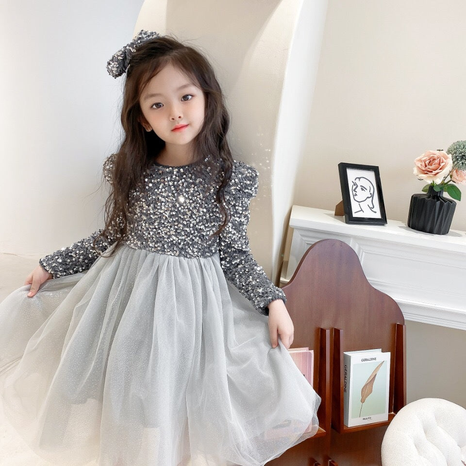 Free Hair Accessories Plush Sequin Dress Girl's Long Sleeve Puffy Dress Fairy Princess Dress