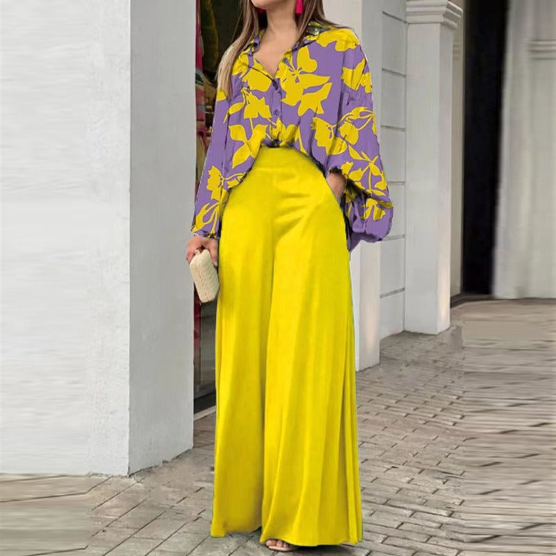 European and American womens printed shirt, elegant and wide leg pants, fashionable and casual set