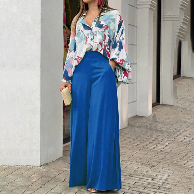 European and American womens printed shirt, elegant and wide leg pants, fashionable and casual set