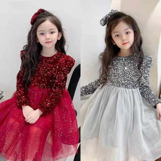 Accesorios para el cabello gratis Vestido de lentejuelas de peluche Vestido de niña de manga larga abullonado Vestido de princesa de hadas