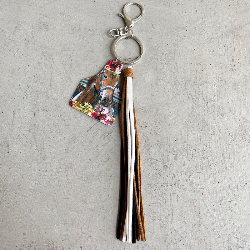 Western Cowboy Loss Prevention Device Aztec Bullhead Bull Brand Leather Keychain Leather Tassel Popular Pendant