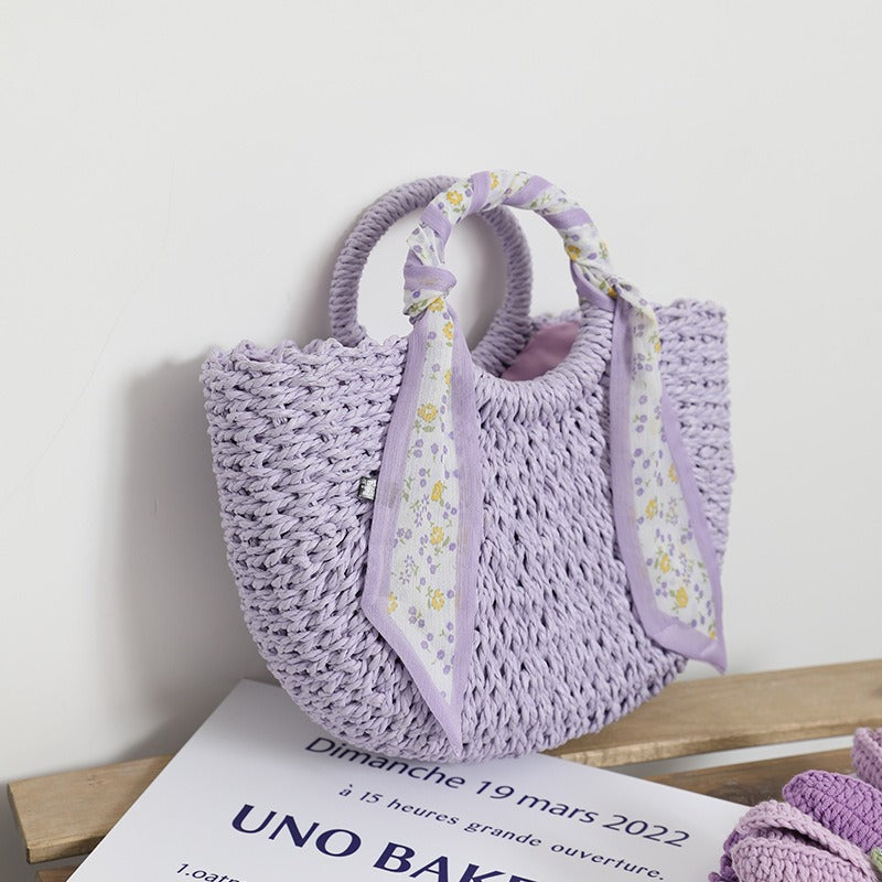 Nuevo bolso tejido de paja morado pequeño y fresco, con temperamento, bufanda con flores pequeñas, bolso tejido de mano, bolso para vacaciones en la playa