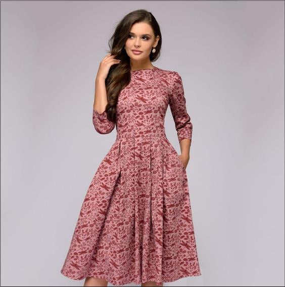 Vestido de fiesta de estilo retro con pequeñas flores fragmentadas y mangas 7/4 con cuello redondo para mujer de estilo occidental para otoño e invierno