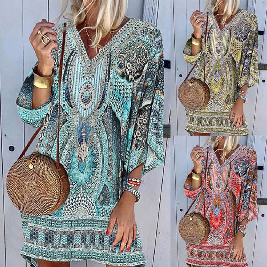 Vestido informal de verano con cuello en V, manga larga y estampado bohemio en Europa y América