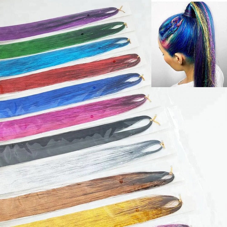 Extensión de cabello de seda de rayas de colores dorados de 100 cm Peluca de seda láser para fiesta 