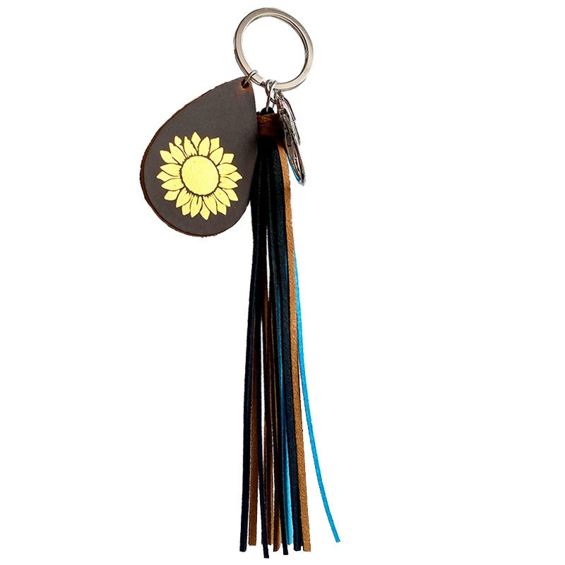 Crazy Horse Skin Keychain Texture Hot Gold Sunflower Cross Droplet Shape Keyring Leather Tassel Pendant