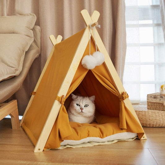 Four Seasons Pet Nest Removable and Washable Beige Stripe Canvas Solid Wood Tent Cat Nest Dog Bed