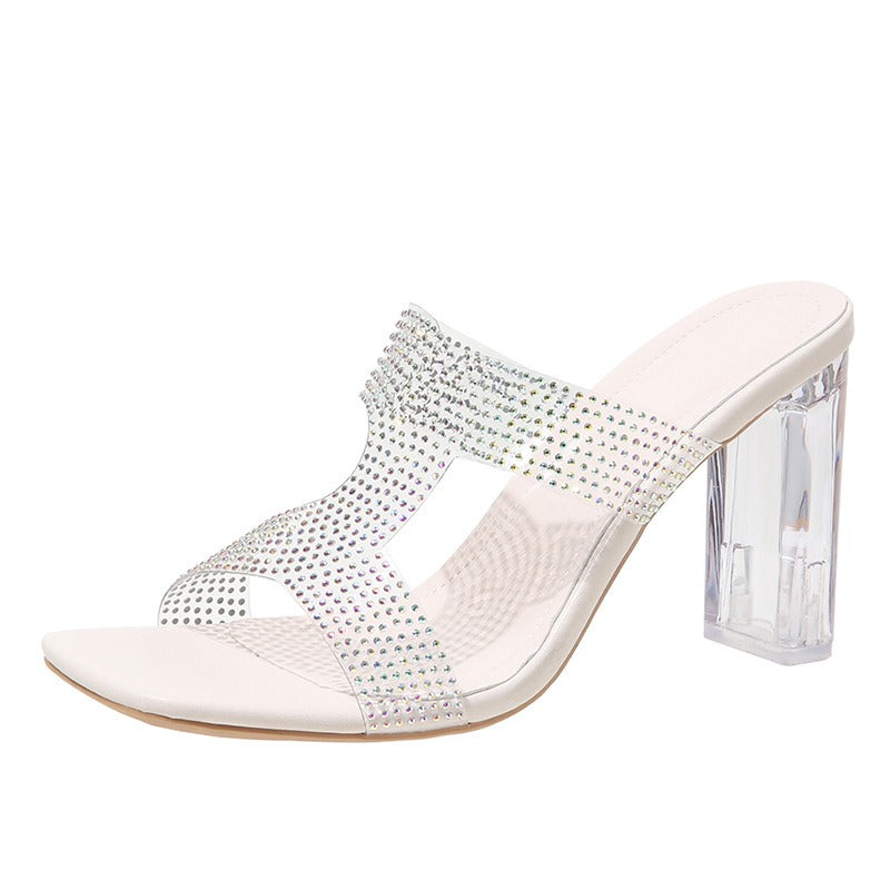 Zapatillas de tacón alto para mujer, nuevo estilo de verano, línea recta con exterior de PVC, tacones de cristal de moda, cremalleras, damas