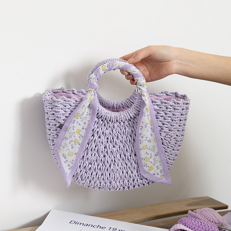 New Little Fresh Purple Straw Woven Bag Temperament Small Flower Scarf Handheld Woven Bag Beach Vacation Bag