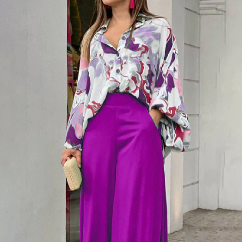 European and American womens printed shirt, elegant and wide leg pants, fashionable and casual set