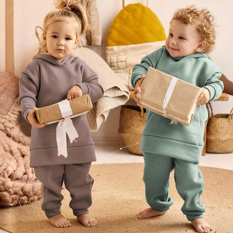 Ropa de otoño e invierno engrosada, traje deportivo para niños, suéter con capucha informal, pantalones, conjunto de dos piezas