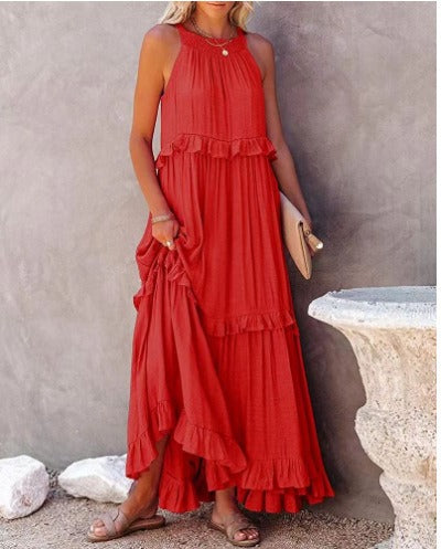 European and American Summer Vacation Style Lotus Leaf Edge Long Dress with Big Swing and Elegant Beach Skirt Women