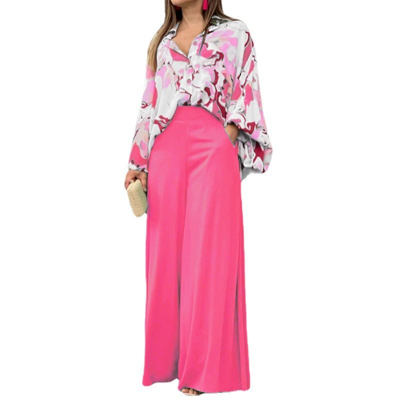 European and American womens printed shirt, elegant and wide leg pants, fashionable and casual set