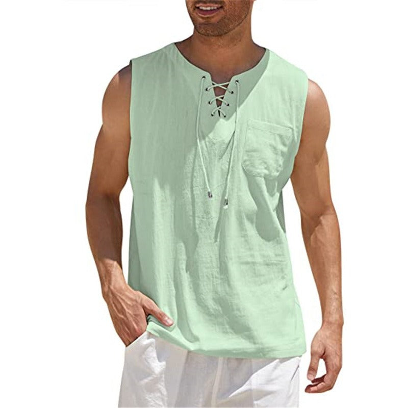 New Mens Tank Top Shirt Lace Up Fashion Solid Cotton Hemp Short Sleeve T shirt