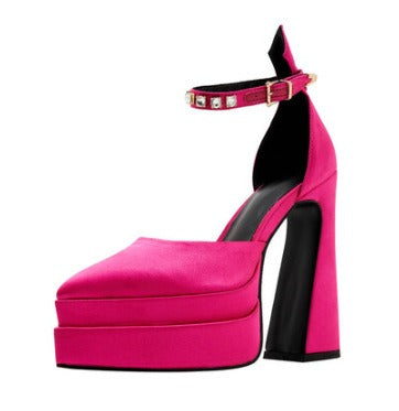 Rhinestone Sandals, Thick Soled Silk Satin, Mary Jane Shoes, Womens Thick Heeled Platform, Straight Line With High Heels