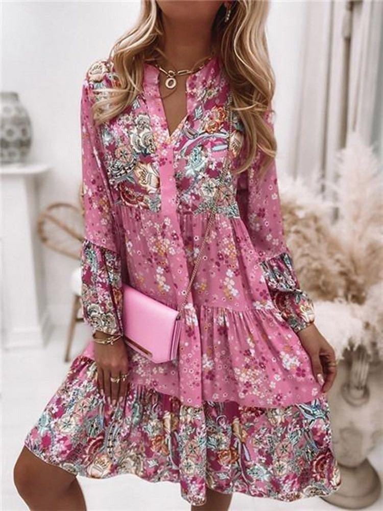 New Women's Print Stitched Skirt Layered Mini Dress New Long Sleeve Women's V-Neck Temperament Large Dress