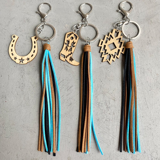 European And American Pendants Aztec Horseshoe Denim Wood Keychain Retro Made Old Leather Tassel Pendants