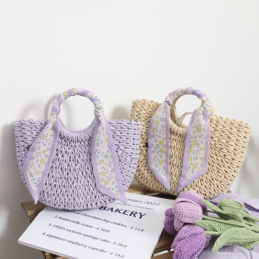 New Little Fresh Purple Straw Woven Bag Temperament Small Flower Scarf Handheld Woven Bag Beach Vacation Bag