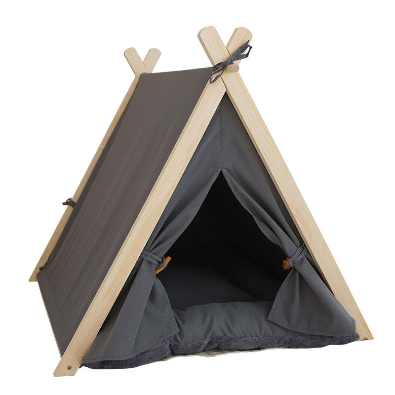 Nido para mascotas Four Seasons, extraíble y lavable, lona de rayas beige, carpa de madera maciza, cama para perros y gatos