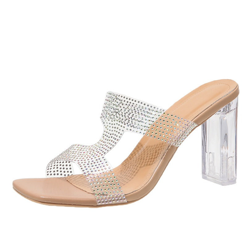 Zapatillas de tacón alto para mujer, nuevo estilo de verano, línea recta con exterior de PVC, tacones de cristal de moda, cremalleras, damas