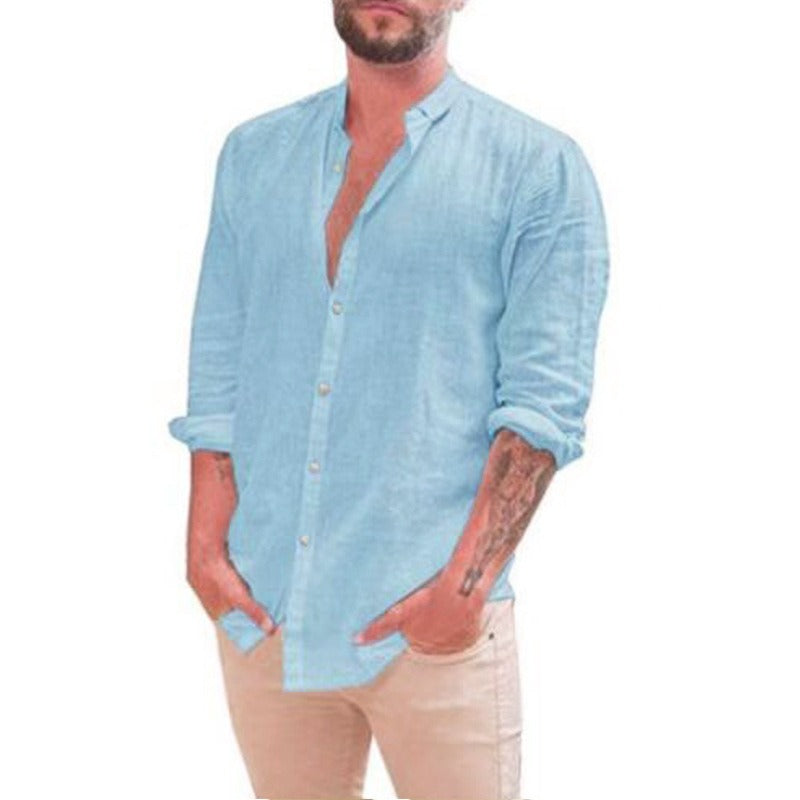 Men's Retro Standing Collar Cardigan, New Casual Long Sleeved Cotton Linen Solid Color Shirt