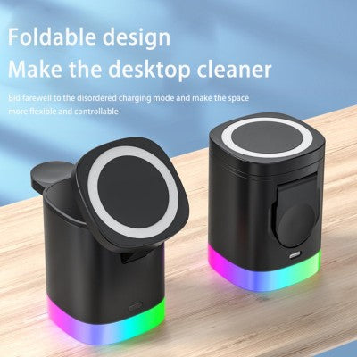 Cargador inalámbrico rápido magnético 3 en 1 para teléfono inteligente, estación de carga con luz ambiental RGB para Airpods y iWatch 