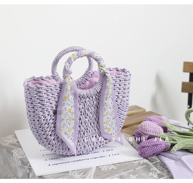 Nuevo bolso tejido de paja morado pequeño y fresco, con temperamento, bufanda con flores pequeñas, bolso tejido de mano, bolso para vacaciones en la playa